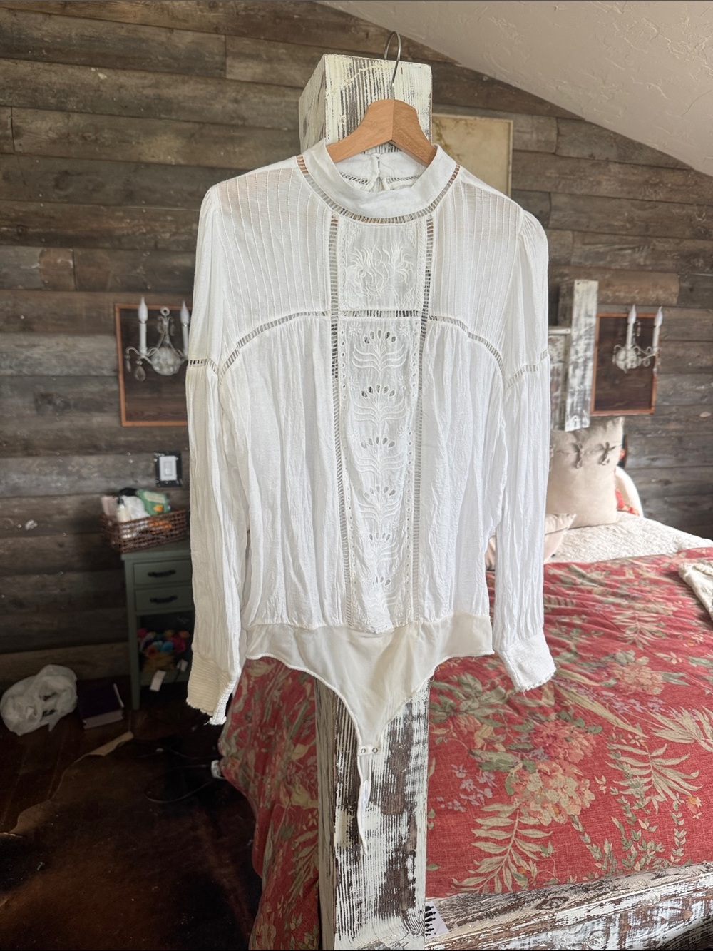 Free People White Lace-Panel Long Sleeve Bodysuit